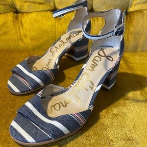 Sam Edelman Denim and White Strip Susie Heels